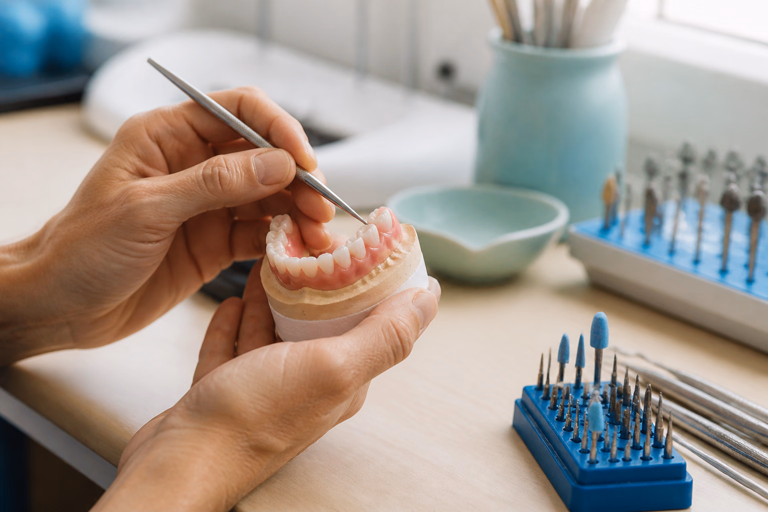 Hands carefully working on a denture model at a laboratory bench