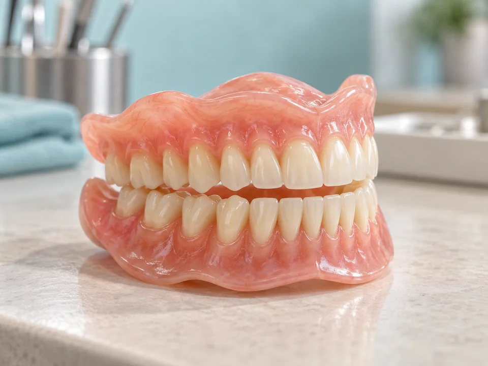 AI-generated illustration: complete upper and lower dentures with natural tooth shades