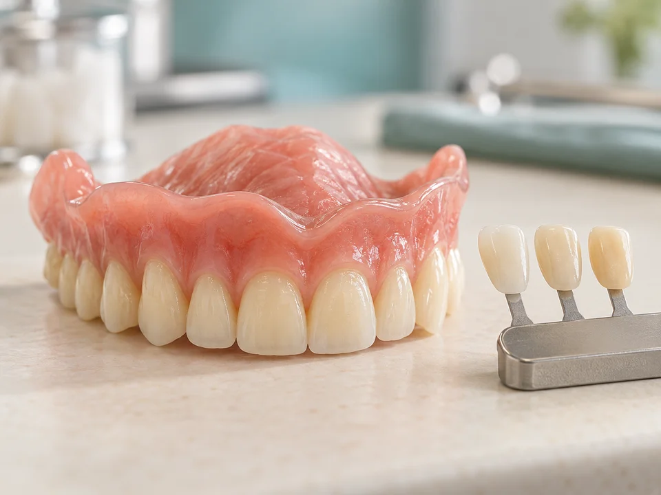 AI-generated illustration: upper denture beside a selection of natural tooth shades