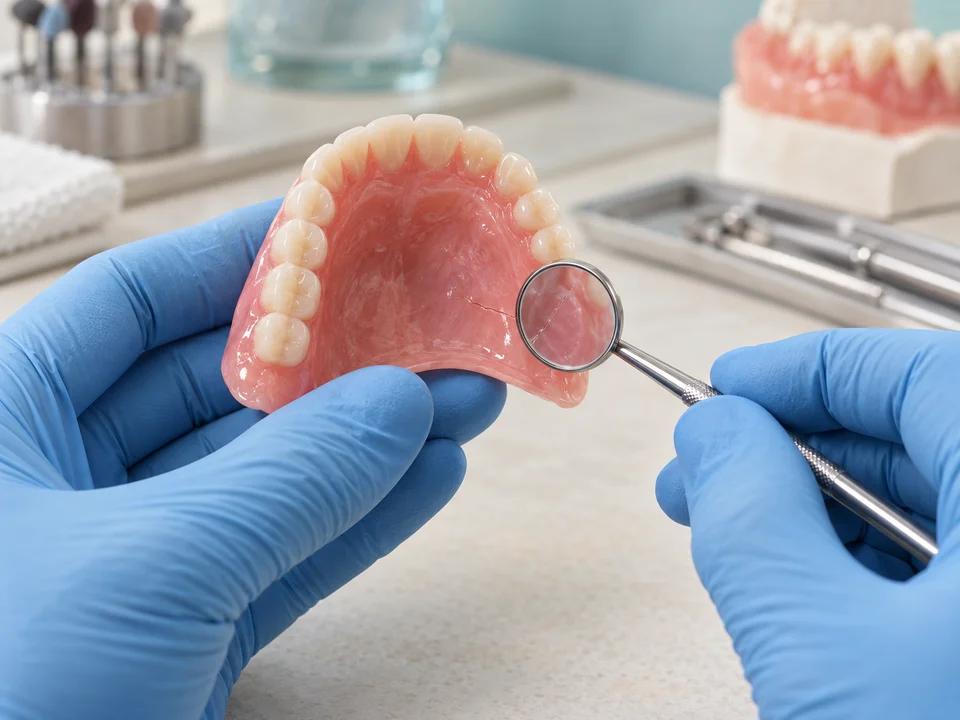 AI-generated illustration: gloved hands inspecting a crack in a denture base