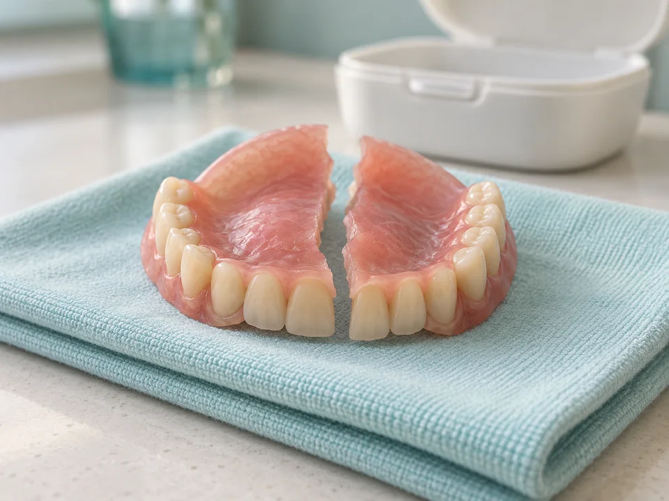 AI-generated illustration: broken denture resting on a cloth before assessment