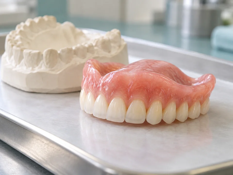 AI-generated illustration: new upper denture beside a dental cast on a laboratory tray