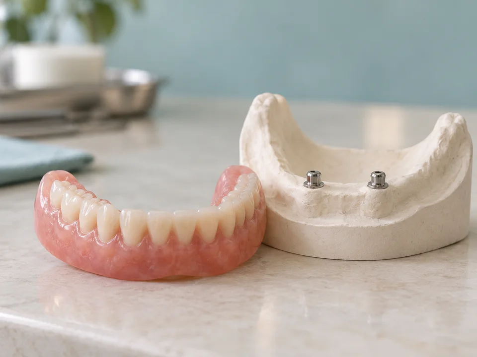 AI-generated illustration: lower denture beside a model with two implant attachments
