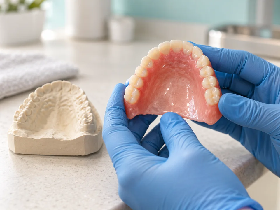 AI-generated illustration: gloved hands examining the fitting surface of an upper denture