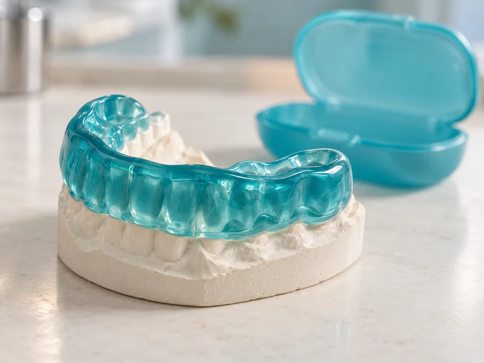AI-generated illustration: aqua sports mouthguard on a dental model beside a storage case