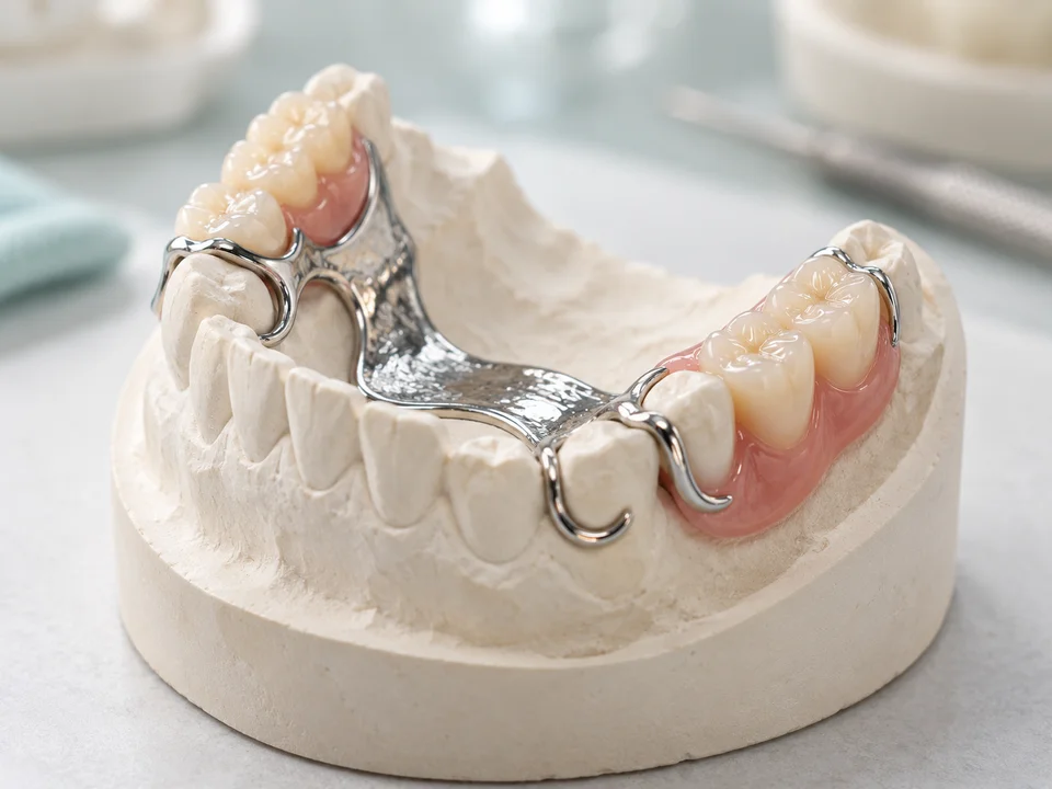 AI-generated illustration: metal-framework partial denture on a dental model